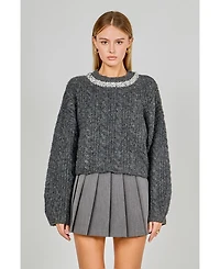 endless rose Women's Jewel Embroidered Fuzzy Cable Knit Chunky Sweater