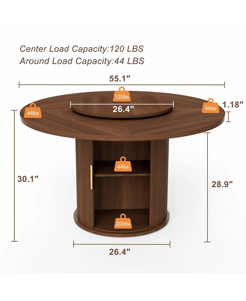 Streamdale Furniture 55" Round Dining Table for Six with Storage & Rotating Tray (Walnut)
