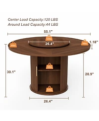 Streamdale Furniture 55" Round Dining Table for Six with Storage & Rotating Tray (Walnut)