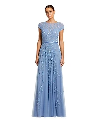 Mac Duggal Women's Floral Embellished Short Sleeve Mesh Gown