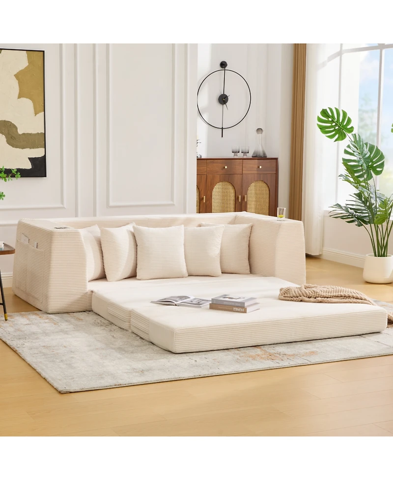 Streamdale Furniture Streamdale Corduroy Convertible Sofa Bed with 5 Pillows, No Assembly, Side Pocket