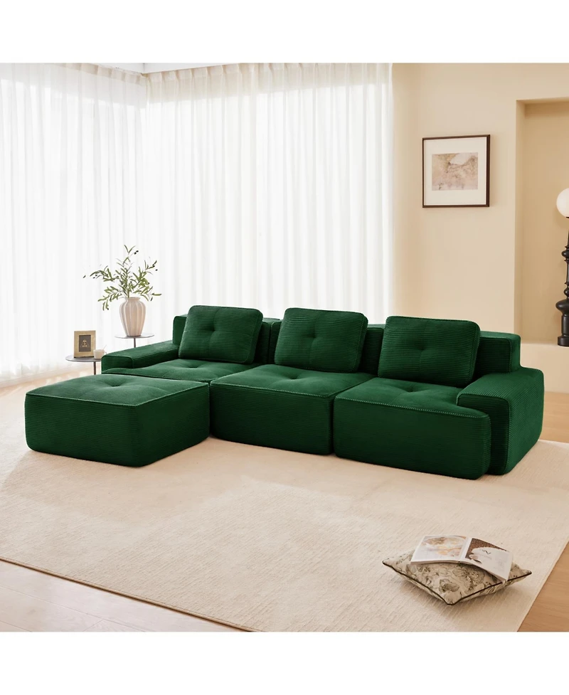 Streamdale Furniture Modern L-Shaped Corduroy Sectional Sofa with Movable Ottoman, Green