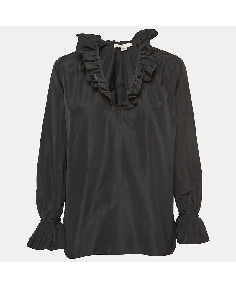 Pre-Owned Stella Mccartney Women's Black Silk Blend Crepe Ruffled V Neck Top