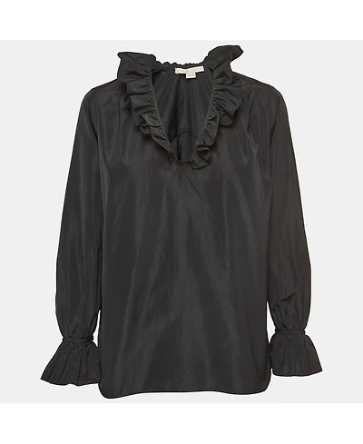 Pre-Owned Stella Mccartney Women's Black Silk Blend Crepe Ruffled V Neck Top