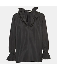 Pre-Owned Stella Mccartney Women's Black Silk Blend Crepe Ruffled V Neck Top