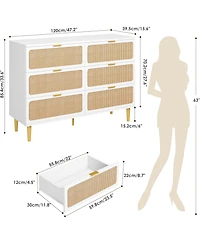 Gaomon Rattan 6 Drawer Dresser for Bedroom, Long Double Chest with Deep Drawers and Wide Top for Living Room or Kids Room