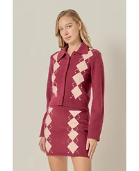 English Factory Women's Collared Argyle Knit Cardigan