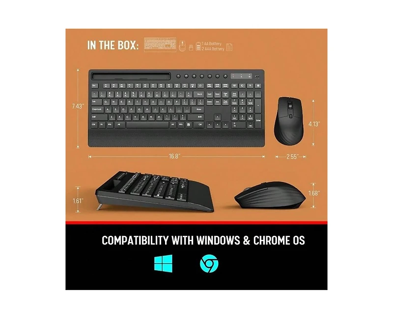 Wireless Keyboard and Mouse Combo - Full-Size Quiet Keyboard with Rest, Multimedia Keys, Power Switch, Compatible with Os, Pc, Laptop