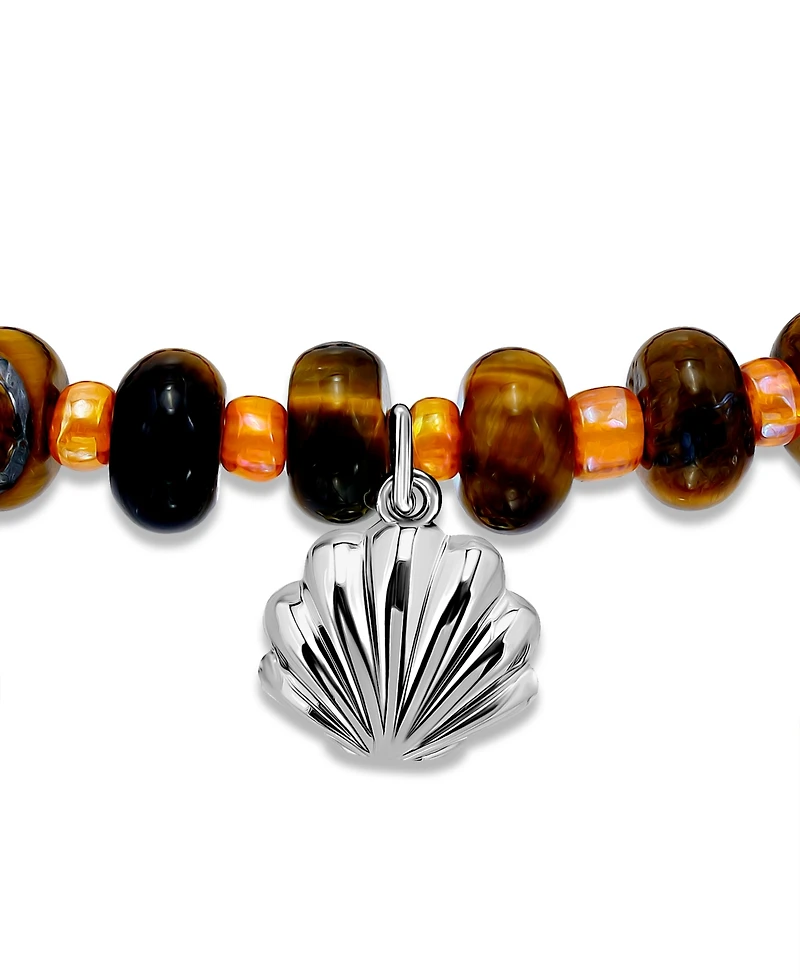 Macy's Tigers Eye Rondelle Beads and Clamshell Drop Charm Beaded Gold Plated Stretch Bracelet
