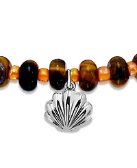 Macy's Tigers Eye Rondelle Beads and Clamshell Drop Charm Beaded Gold Plated Stretch Bracelet
