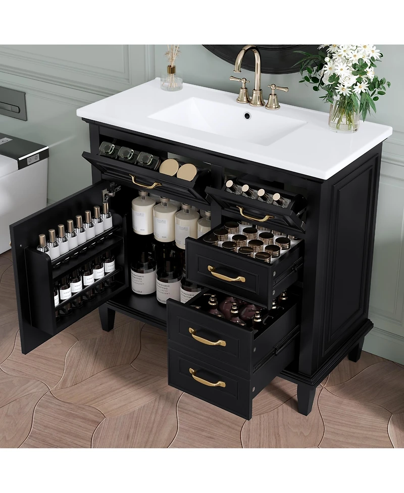 Casainc Freestanding Bathroom Vanity with Ceramic Sink Flip Drawers and Adjustable Shelf