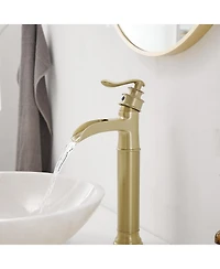 Waterfall Single Handle Bathroom Vessel Sink Faucet Farmhouse Vanity Bowl Tall Lavatory With Metal Drain In Brushed Gold