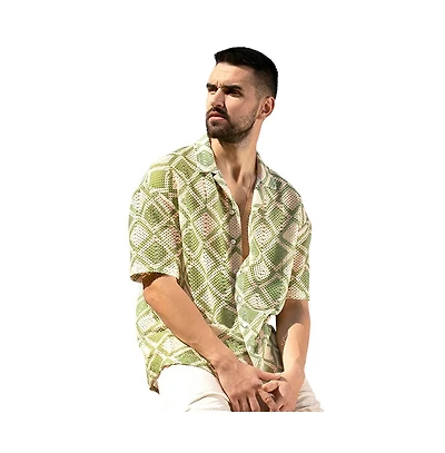 Campus Sutra Men's Grass Green & Pale Yellow Geometric Block Oversized Shirt