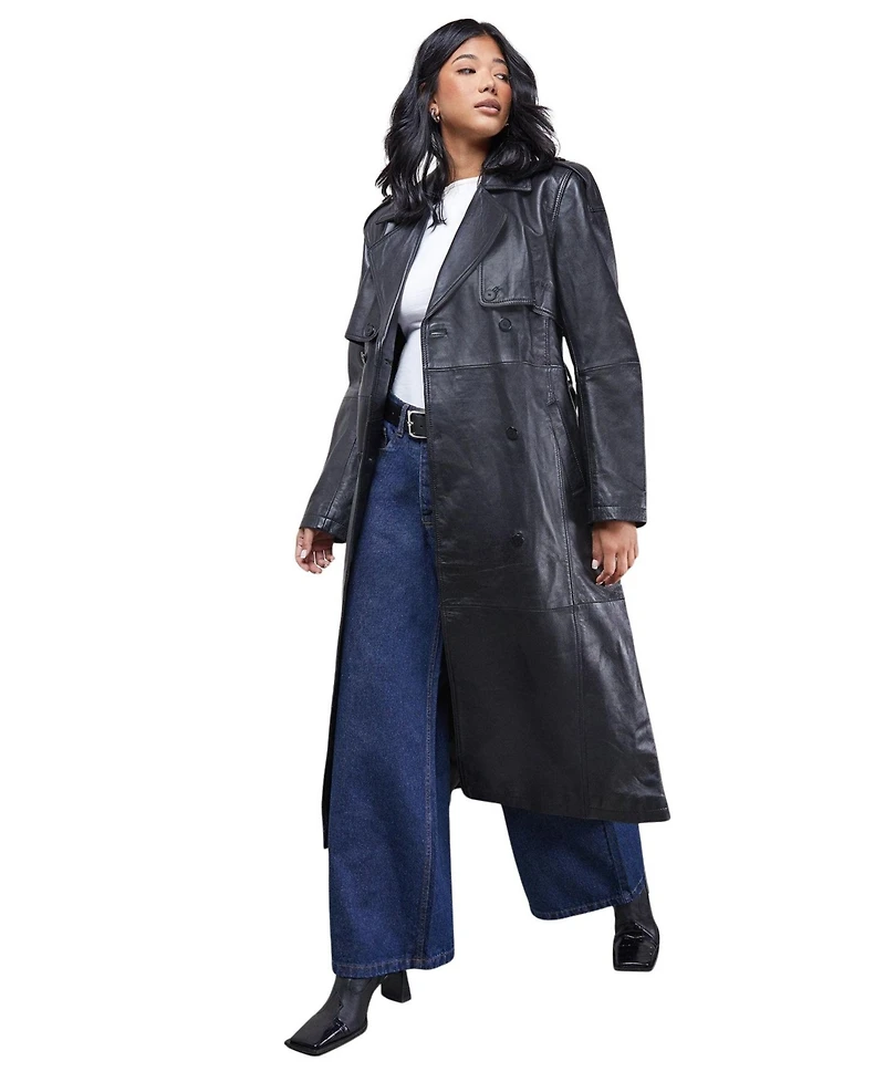 Warehouse Women's Real Leather Belted Trench Coat.