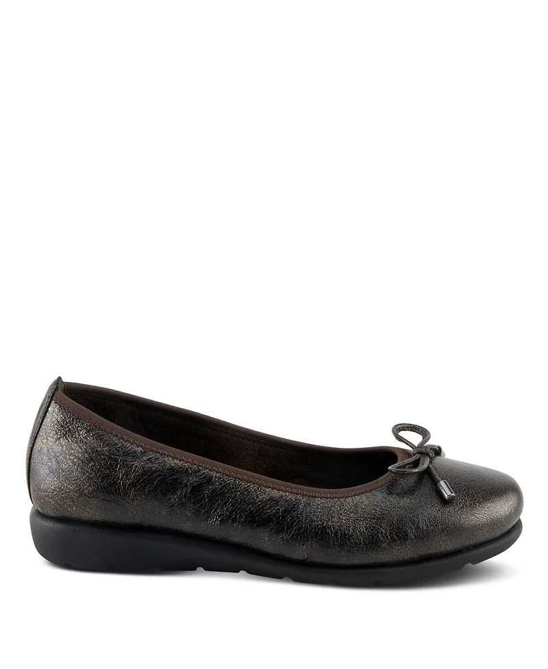 Spring Step Women's Chesser Ballet Flats With Metallic Finish, Feminine Bow, and Removable Insole