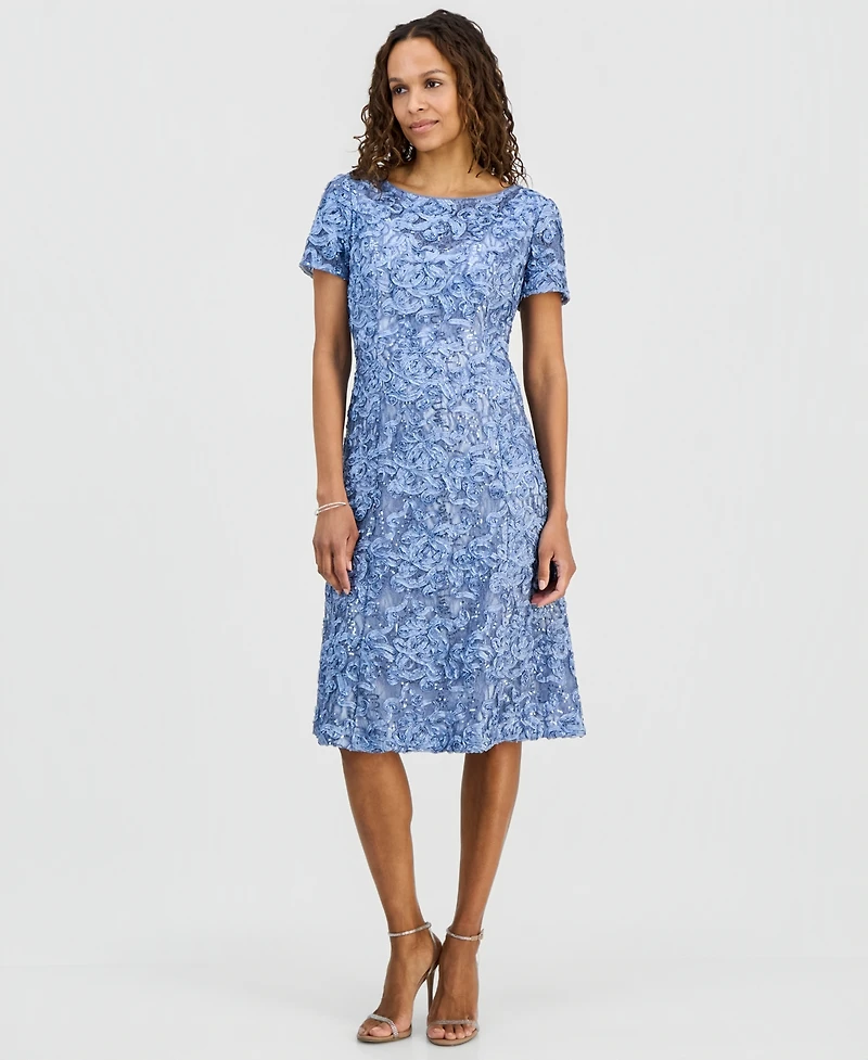 Alex Evenings Petite Sequined Lace Short-Sleeve Midi Dress