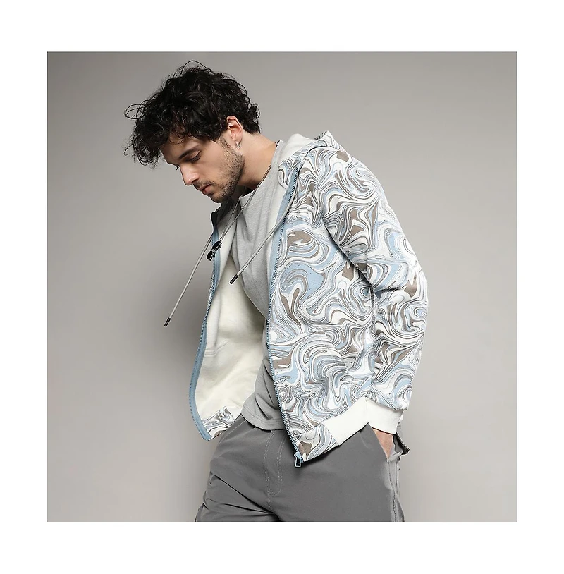 Campus Sutra Men's Icy Blue & Olive Green Contrast Fluid Zip Front Hoodie