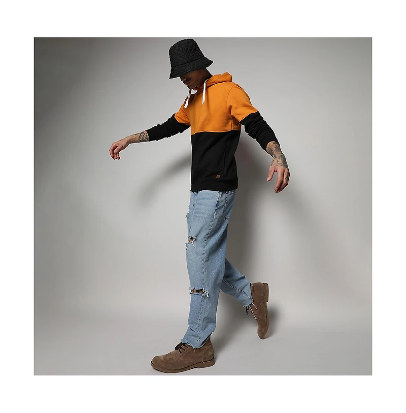 Campus Sutra Men's Black & Mustard Yellow Pullover Hoodie With Ribbed Hem