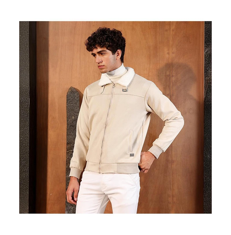 Campus Sutra Men's Saltbox Beige Contrast Sherpa-Lined Suede Bomber Jacket