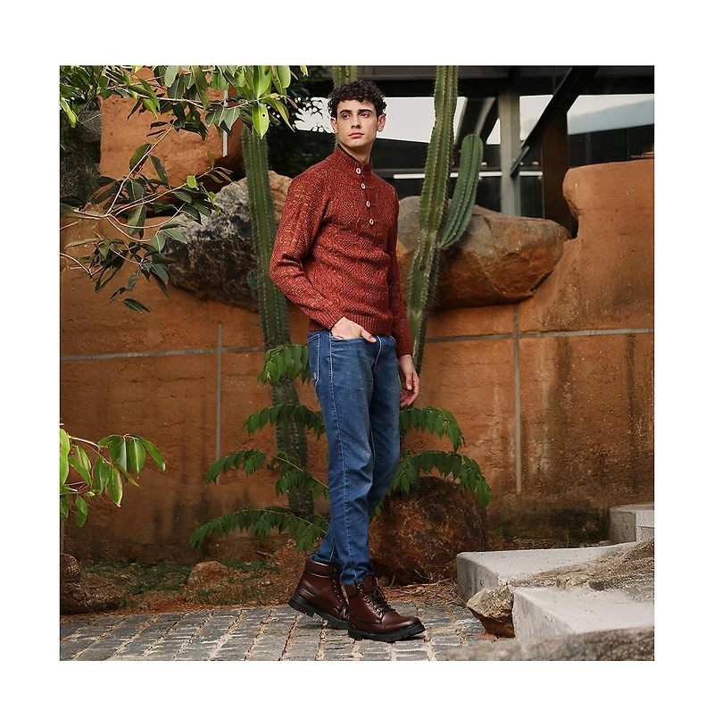 Campus Sutra Men's Terracotta Brown Heathered-Jacquard Knit Fisherman Sweater