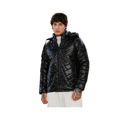 Campus Sutra Men's Onyx Black Patent-Quilt Puffer Jacket