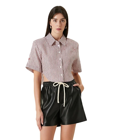 Pcfg Women's Red Striped Linen Crop Shirt