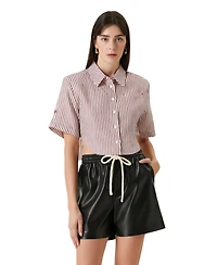 Pcfg Women's Red Striped Linen Crop Shirt