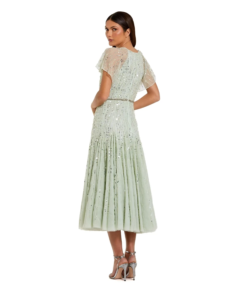 Mac Duggal Women's Enbellished Bow Flutter Sleeve A Line Midi Dress