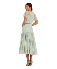 Mac Duggal Women's Enbellished Bow Flutter Sleeve A Line Midi Dress