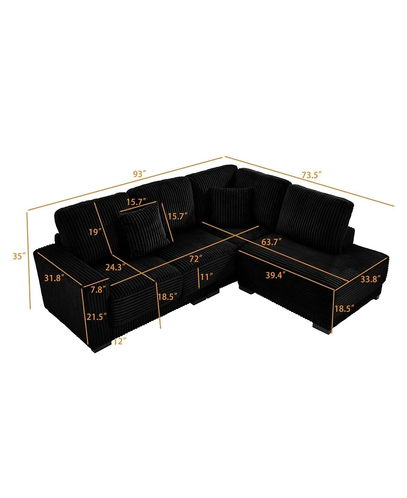 Streamdale Furniture Streamdale 93" L-Shaped Corduroy Sectional Sofa with Reversible Chaise (Black