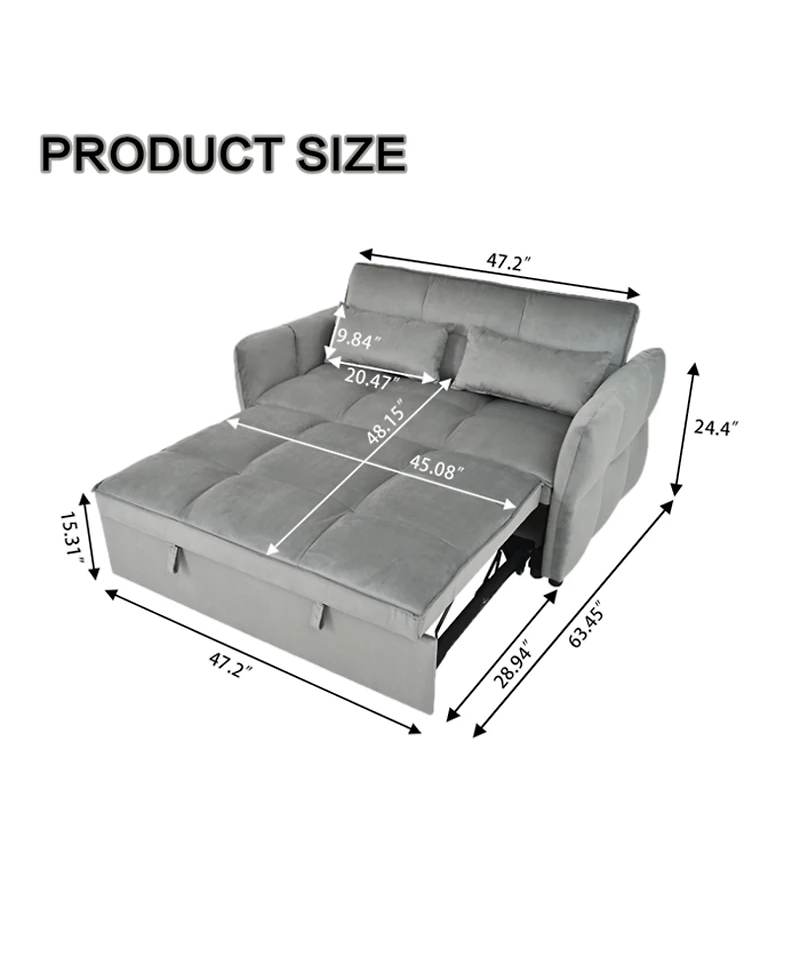 Streamdale Furniture Streamdale 3-in-1 Velvet Pull Out Couch Bed with Reclining Backrest & Pillows (Dark Grey