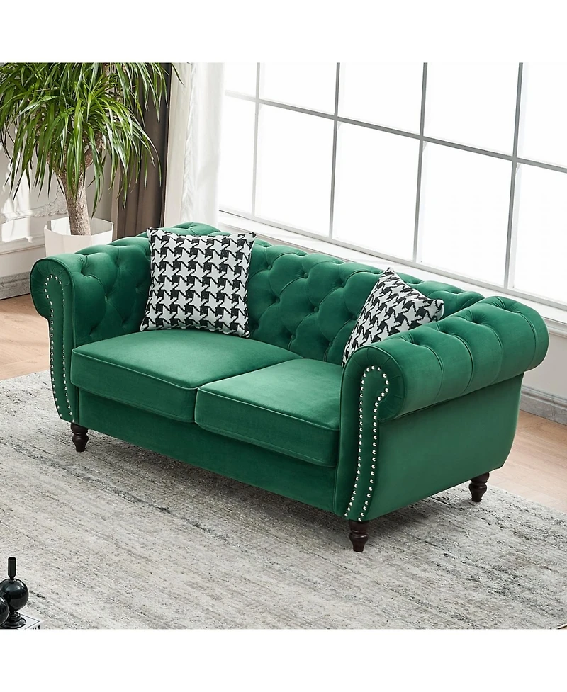 Streamdale Furniture Streamdale Chesterfield Velvet Sofa with Roll Armrest & Nailhead, Green