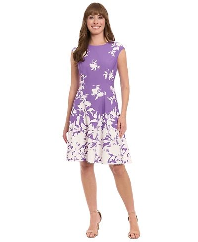 London Times Women's Printed Cap-Sleeve Fit & Flare Dress
