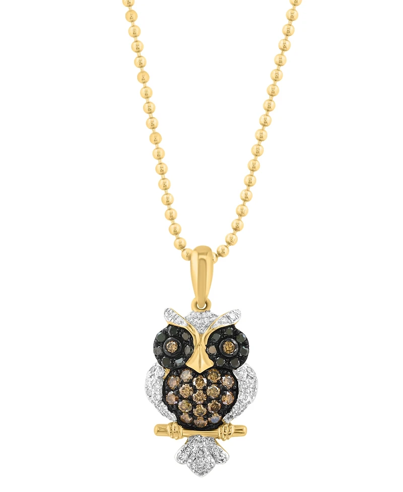 Effy Collection White, Black, & Brown Diamond Owl Pendant Necklace (3/8 ct. t.w.) in 14k Yellow Gold