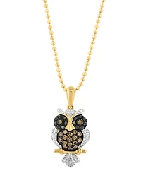 Effy Collection White, Black, & Brown Diamond Owl Pendant Necklace (3/8 ct. t.w.) in 14k Yellow Gold
