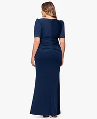 Xscape Plus Pleated-Waist Studded-Sleeve Gown