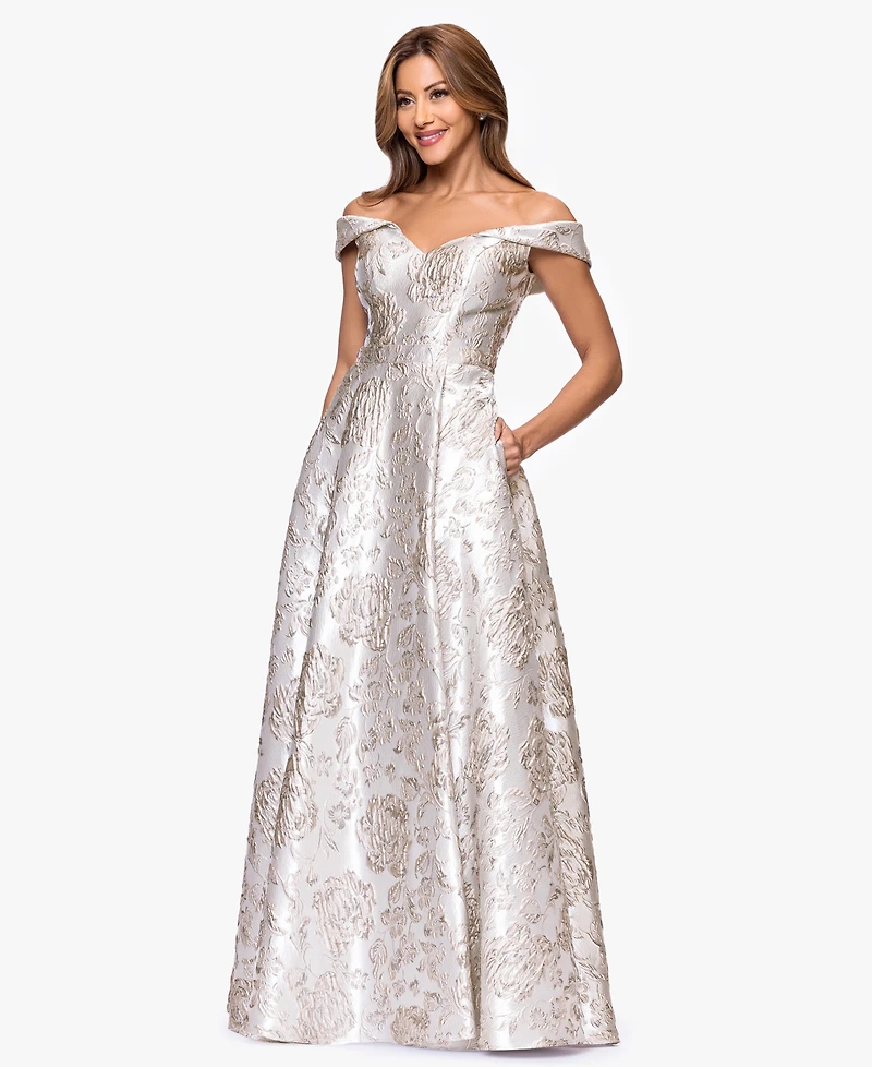 Xscape Petite Brocade Sweetheart Off-The-Shoulder Long Gown