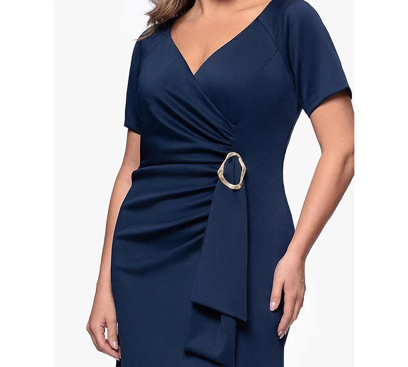 Xscape Plus Short-Sleeve V-Neck Long Dress