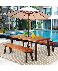 Costway 3 Pieces Picnic Table Set Acacia Wood Table Bench with Steel Legs Outdoor Patio