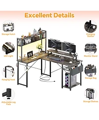 Aheaplus 49'' Small L Shaped Desk with Hutch, Reversible Computer Gaming Desk with Outlet and Led Strip