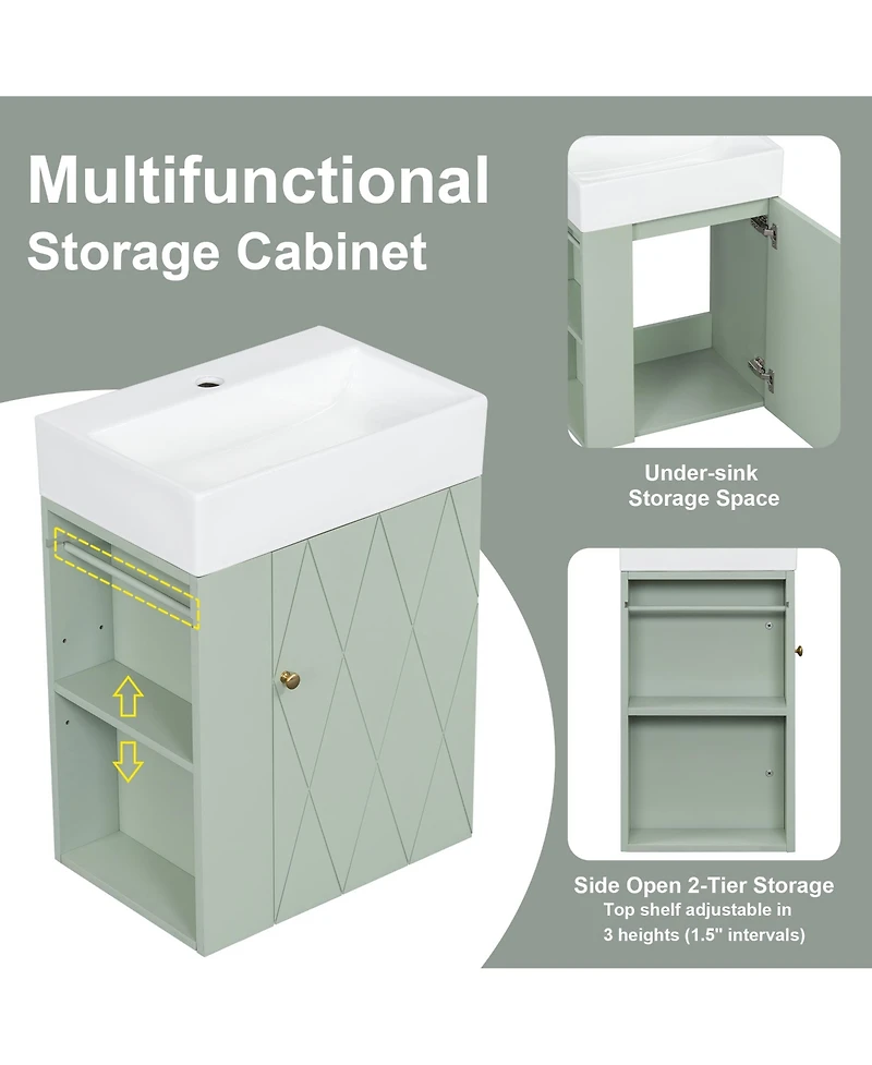 Casainc Bathroom Vanity with Ceramic Sink Diamond Pattern Door and Gold Handle