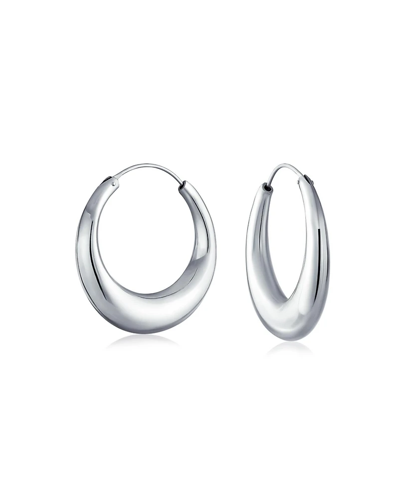 Bling Jewelry Set of 2 Hollow Puff Tube Round 1.75" Hinged Notched Post & 1" Endless Hoop Earrings Sterling Silver