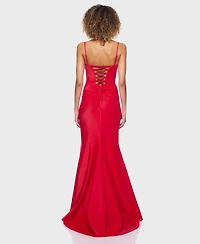 B Darlin Juniors' Spaghetti Straps Lace-Up Back Long Dress