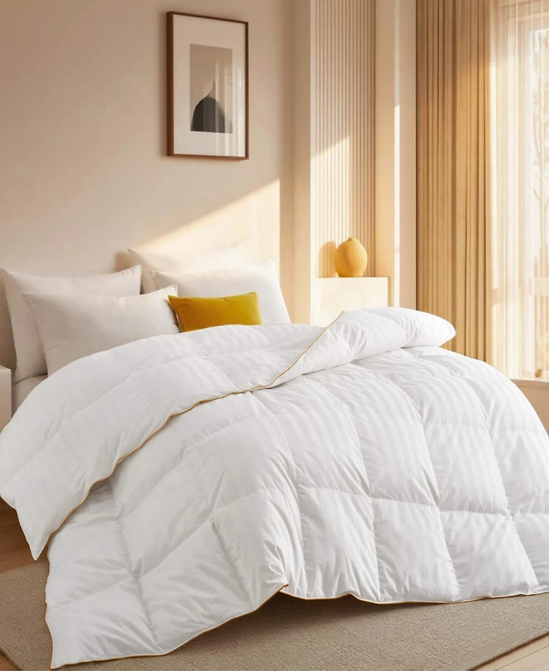 Unikome 500 Thread Count Cotton Fabric All Season Classic Stripped White Goose Down Fiber Comforter