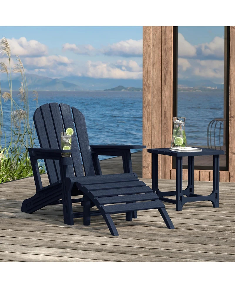 3-Piece Hdpe Outdoor Patio Adirondack Chair with Ottoman and 18" Side Table Set