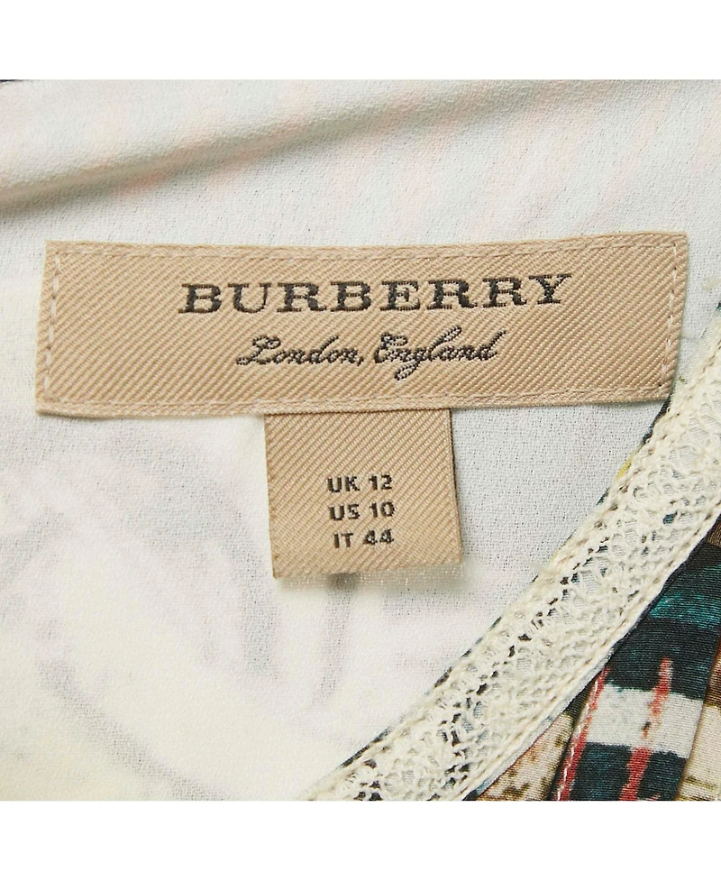 Pre-Owned Burberry Women's Multicolor Framed Heads Print Silk Lace Trim Maxi Dress