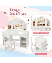 gaomon Kids Vanity Table, Princess Makeup Desk & Chair Set Withtouch Light Detachable Tri-Folding Mirror