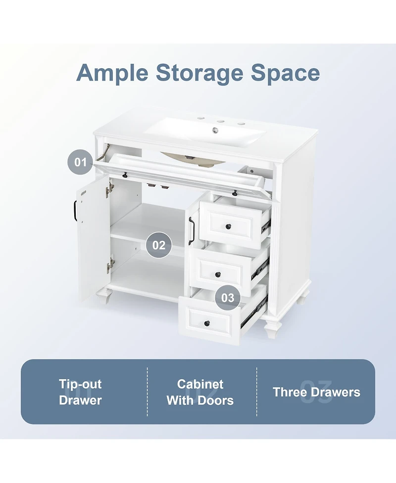 Casainc Solid Wood Vanity with Sink 3 Drawers 2 Doors Flip Drawer