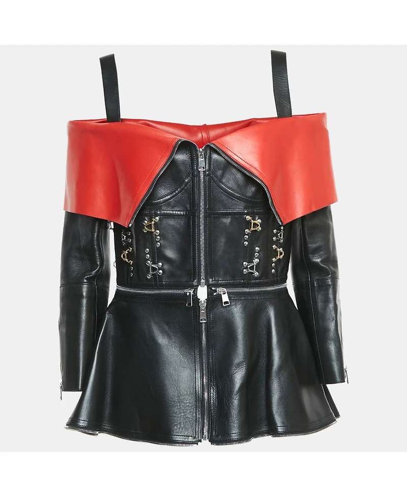 Pre-Owned Alexander Mcqueen Women's Black/red Leather Zip Front Cold-Shoulder Top
