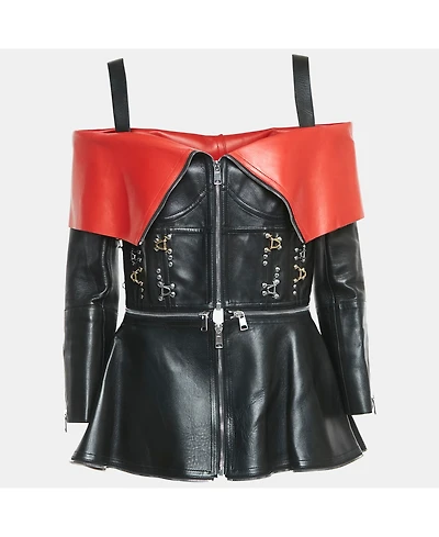 Pre-Owned Alexander Mcqueen Women's Black/red Leather Zip Front Cold-Shoulder Top